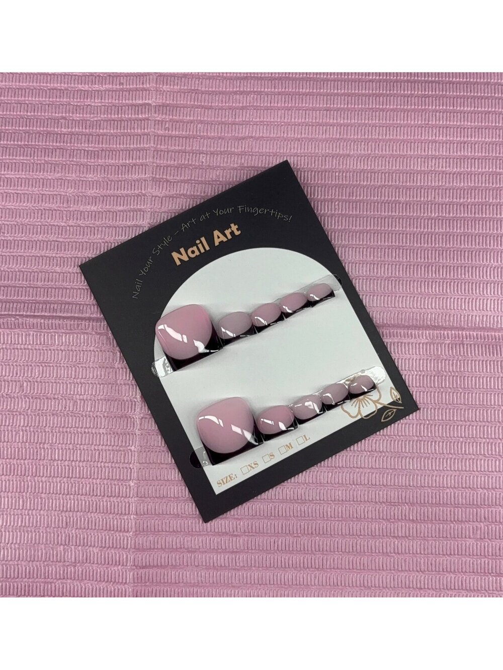 press on toenails black French tips pink base handmade custom builder gel